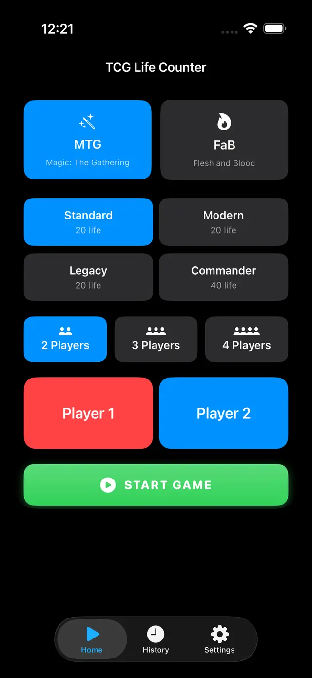 TCG Life Counter game setup screen
